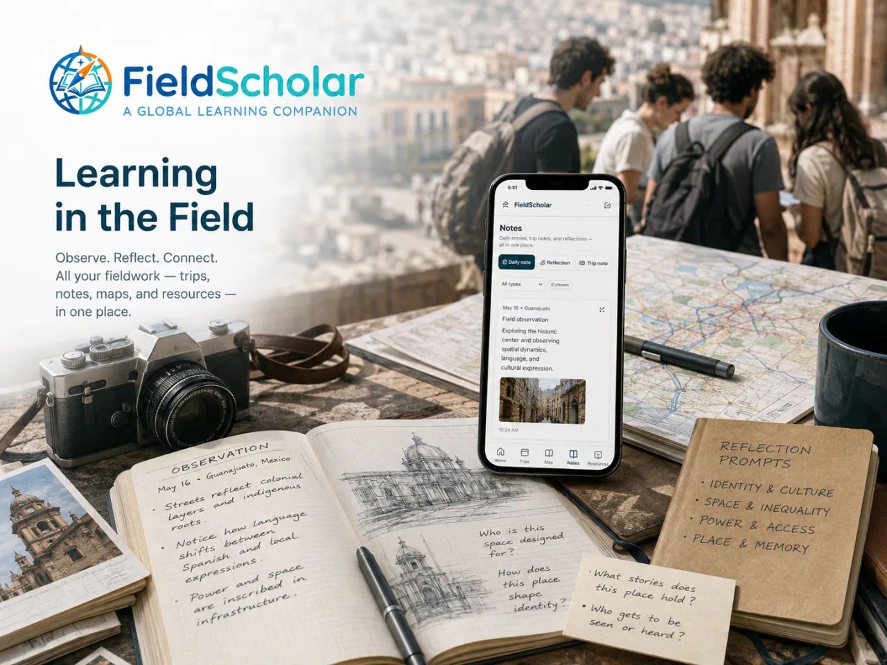 FieldScholar Notes on a phone beside a field notebook, with daily note, reflection, and trip note actions