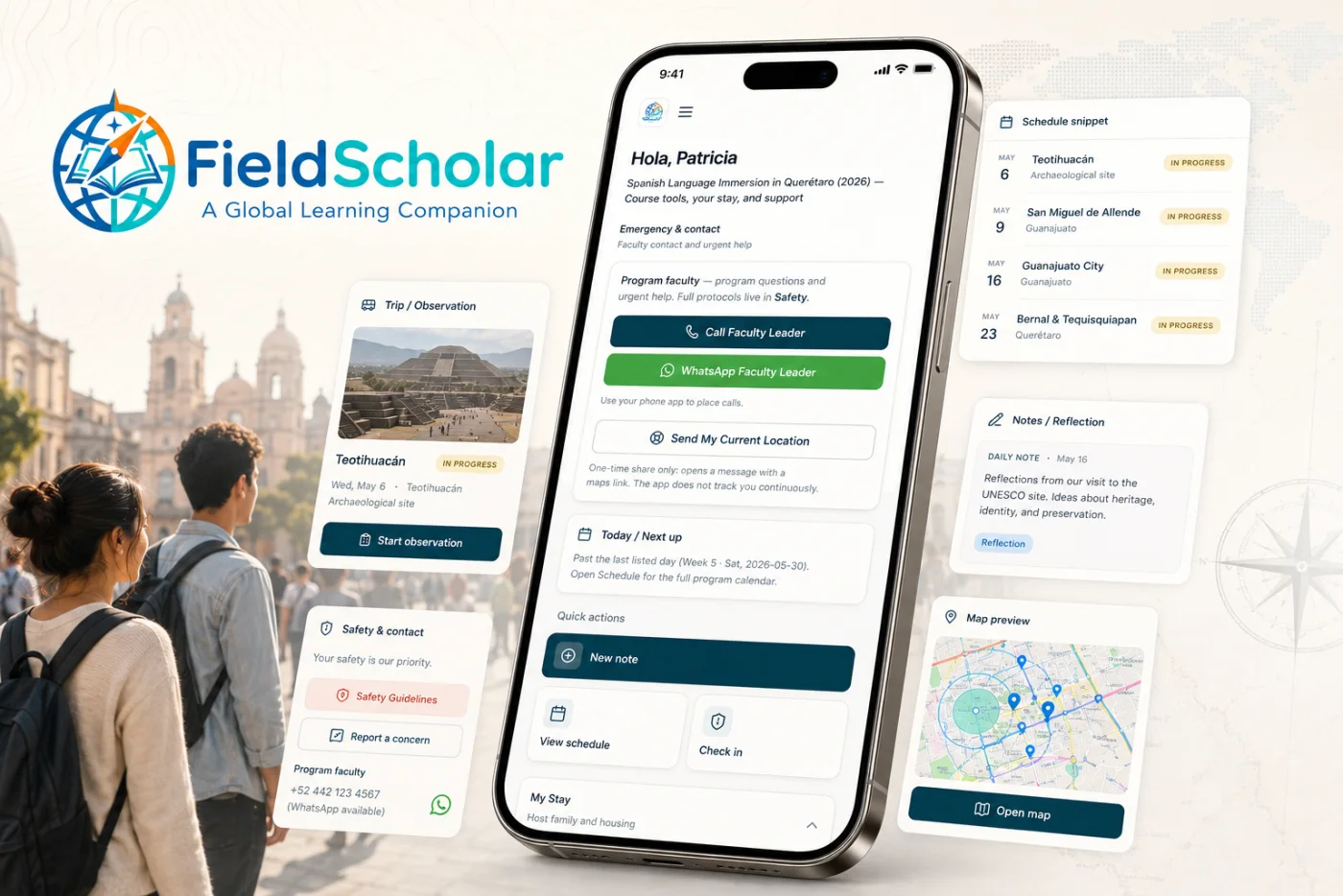 FieldScholar mobile companion with program schedule, field observation, safety, and reflection tools