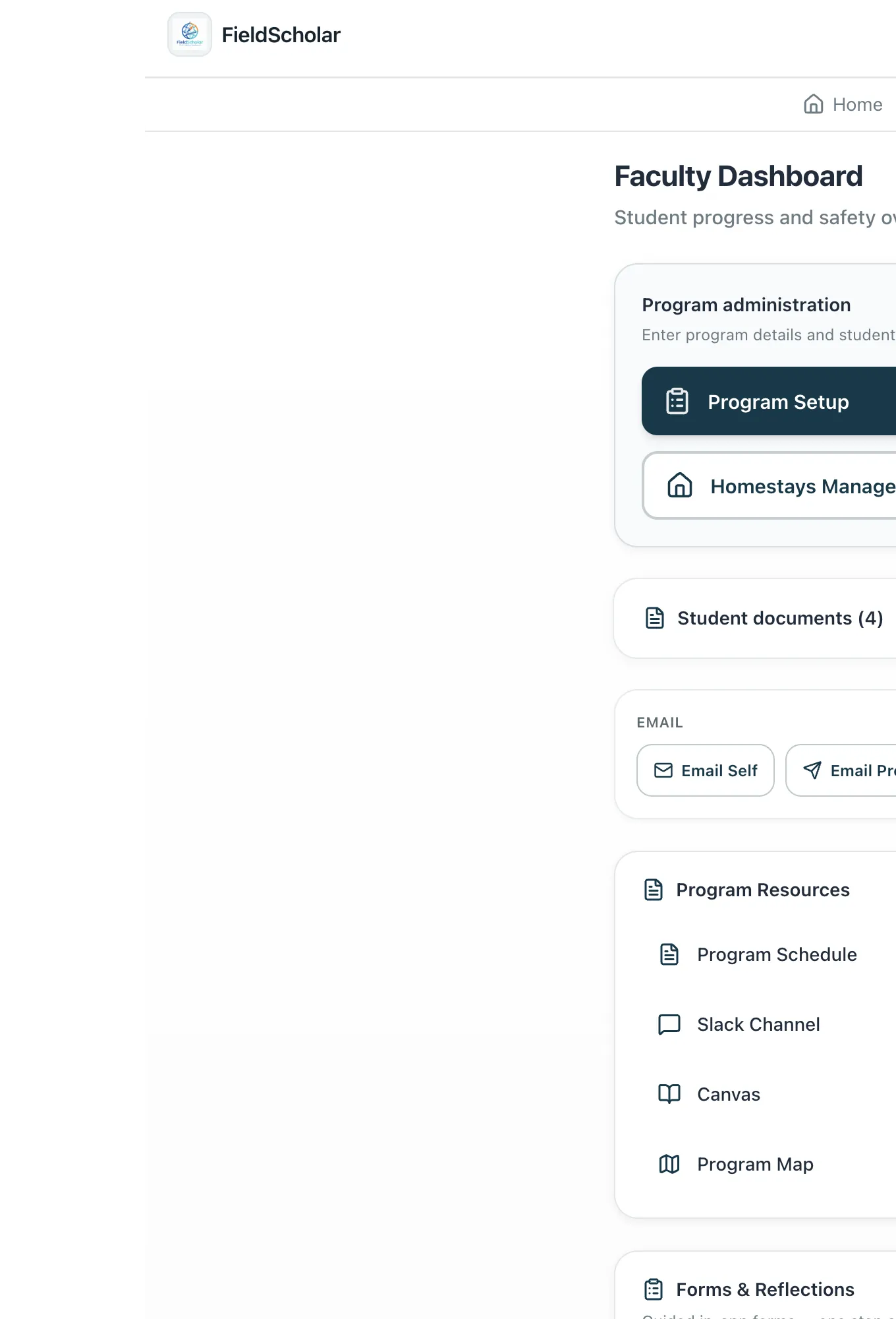 FieldScholar Faculty Dashboard with Program Setup, Homestays Manager, student documents, and program resources including Slack and Canvas.