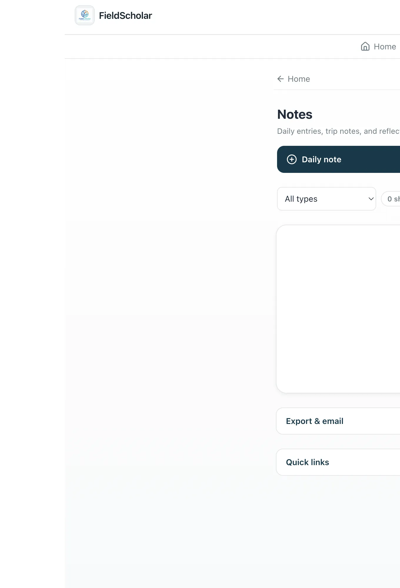 FieldScholar Notes with Daily note, All types filter, and empty-state prompt to start from a trip