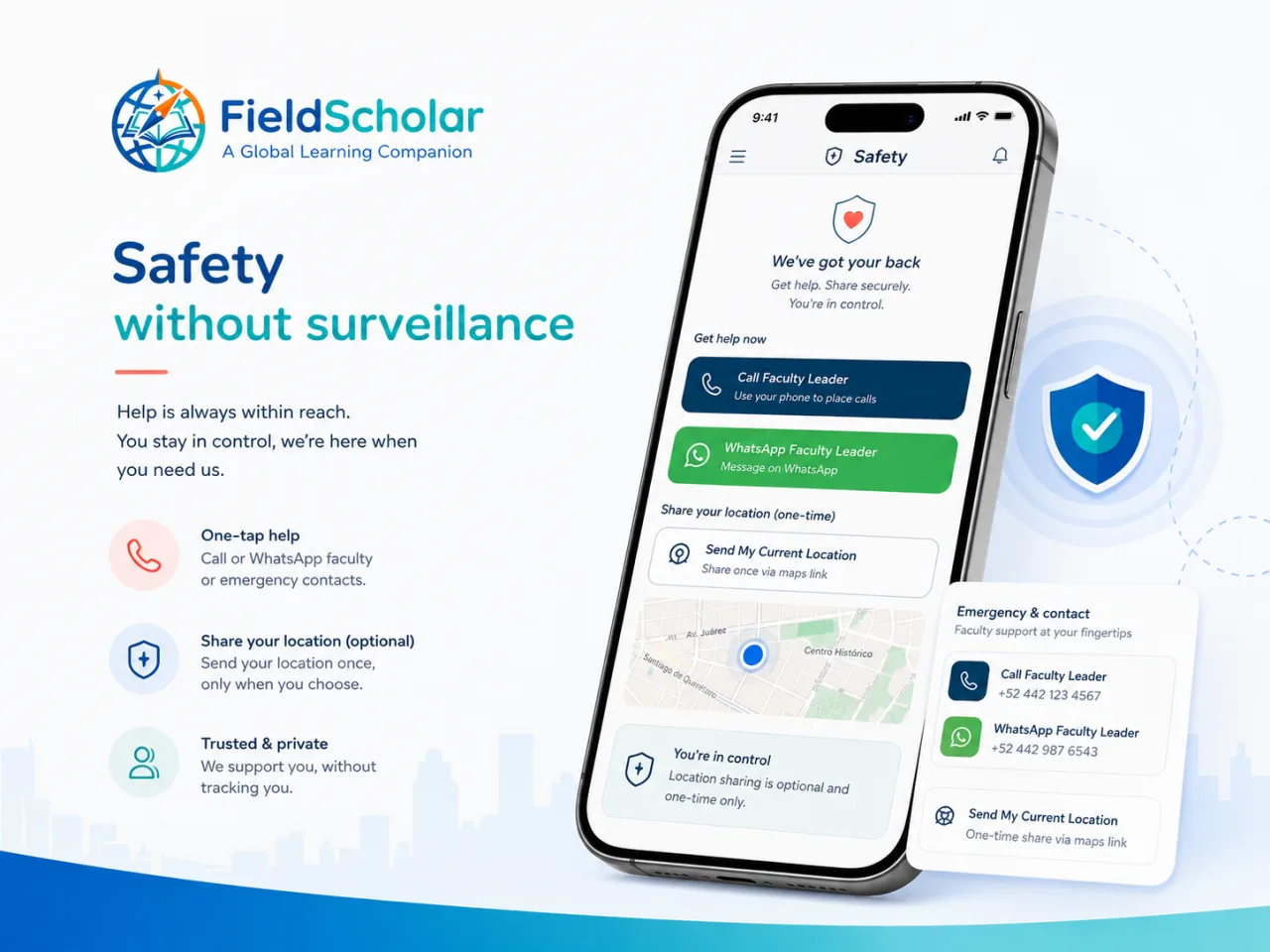 FieldScholar safety actions: call faculty, WhatsApp faculty, and optional one-time location sharing