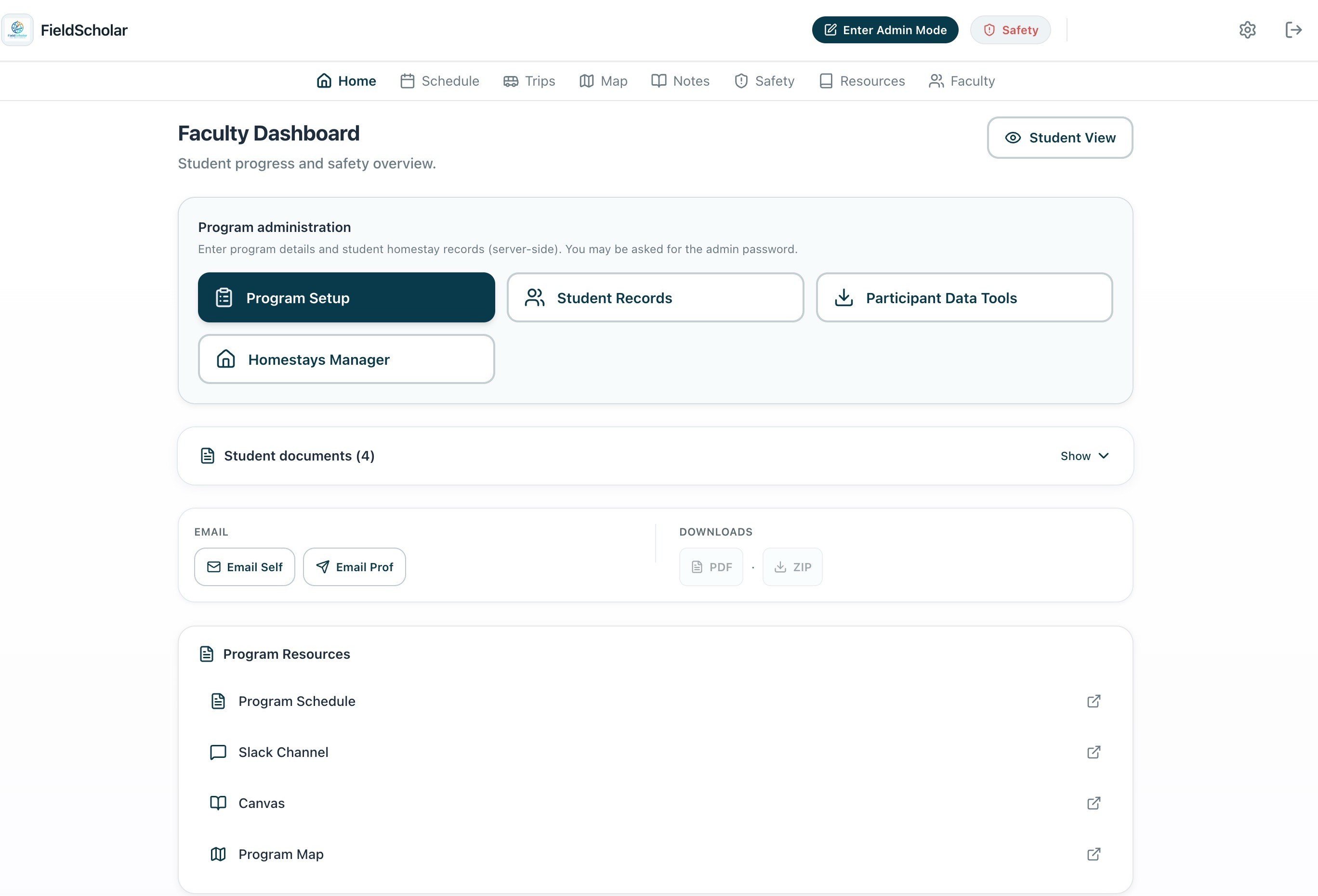 Faculty Dashboard with Program Setup, Student Records, Participant Data Tools, Homestays Manager, student documents, and program resources
