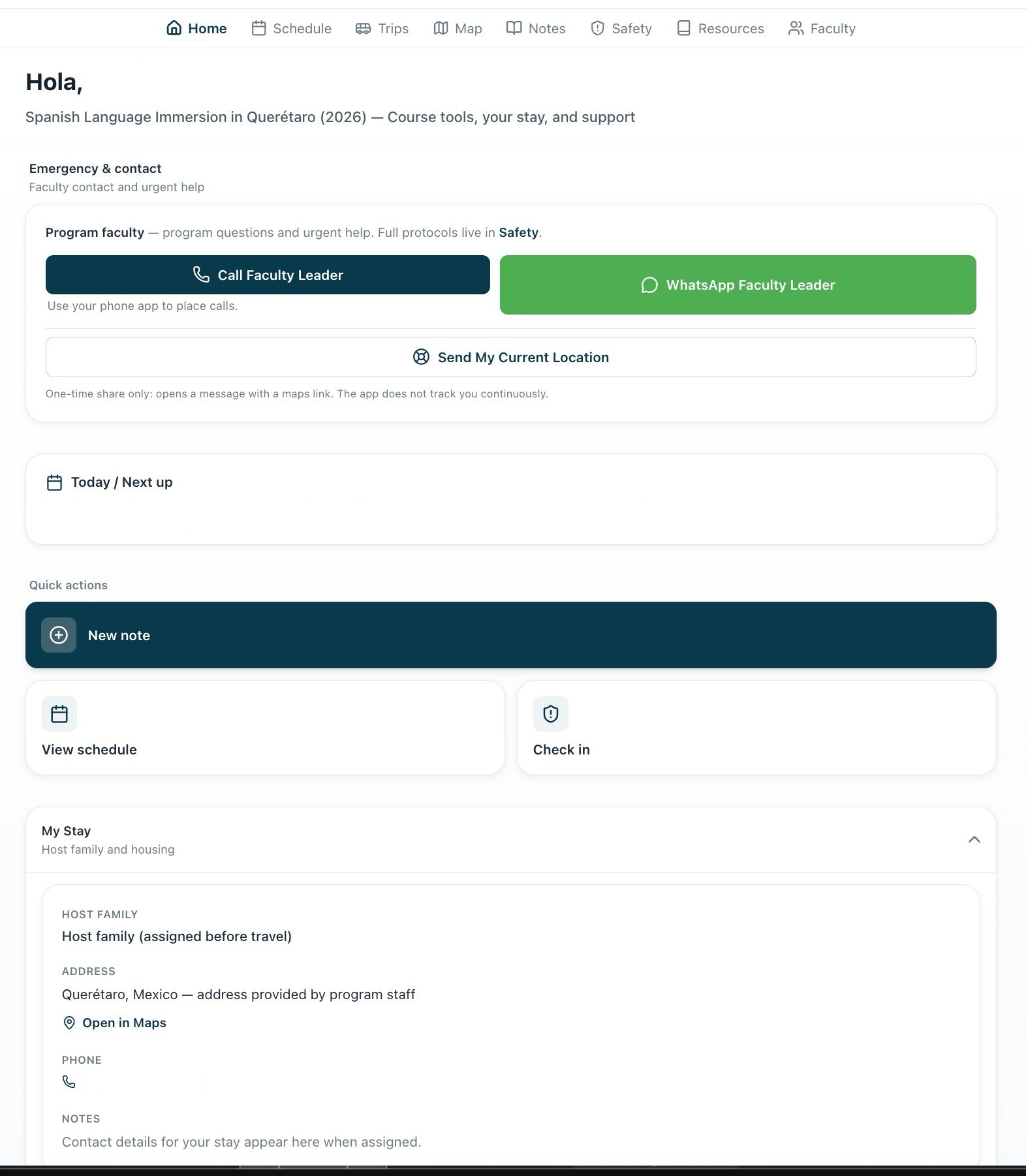 Student home with Call and WhatsApp Faculty Leader, one-time location sharing, Today / Next up, quick actions, and My Stay