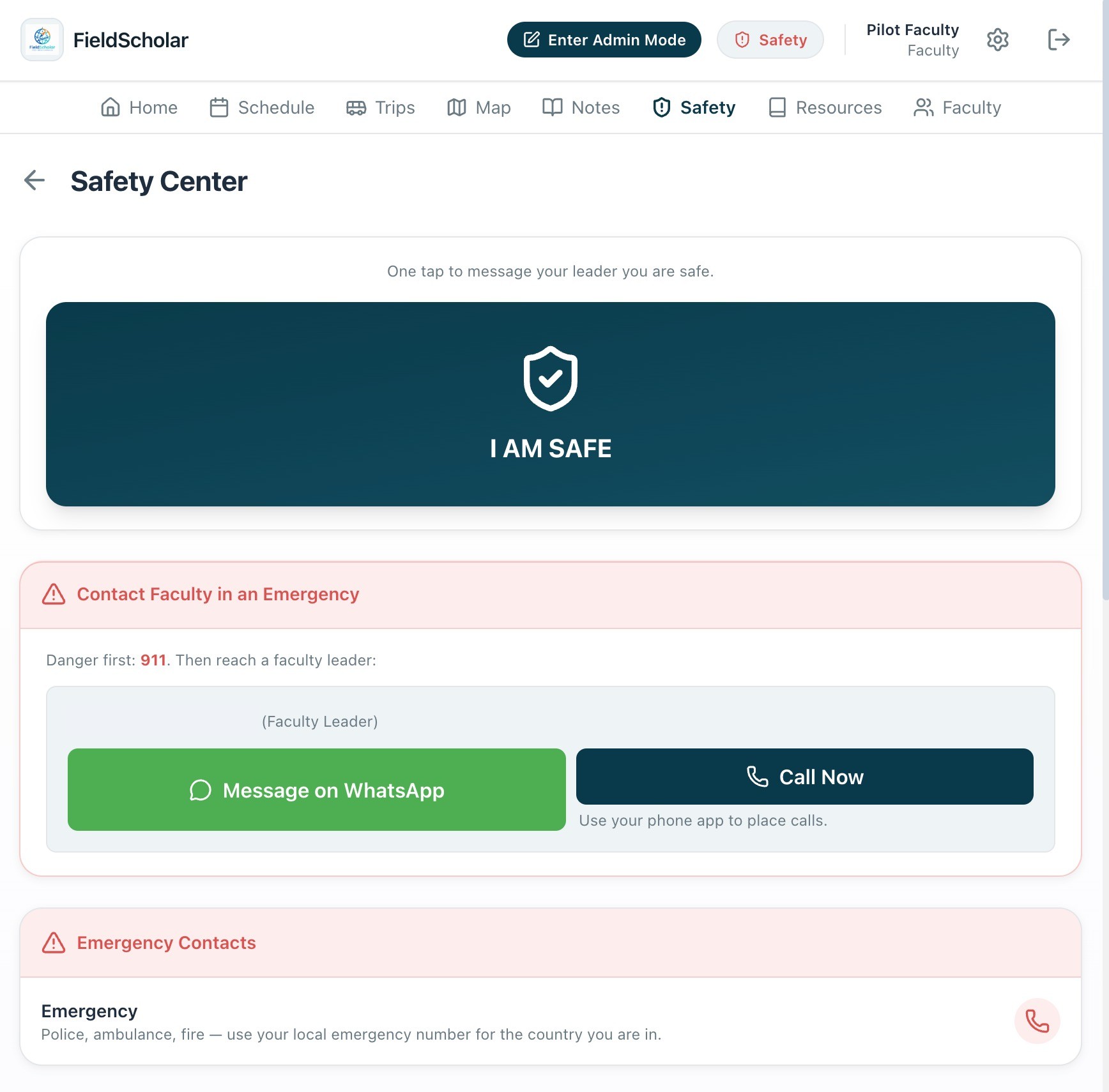 Safety Center with the I AM SAFE button, faculty leader WhatsApp and call buttons, and emergency contacts