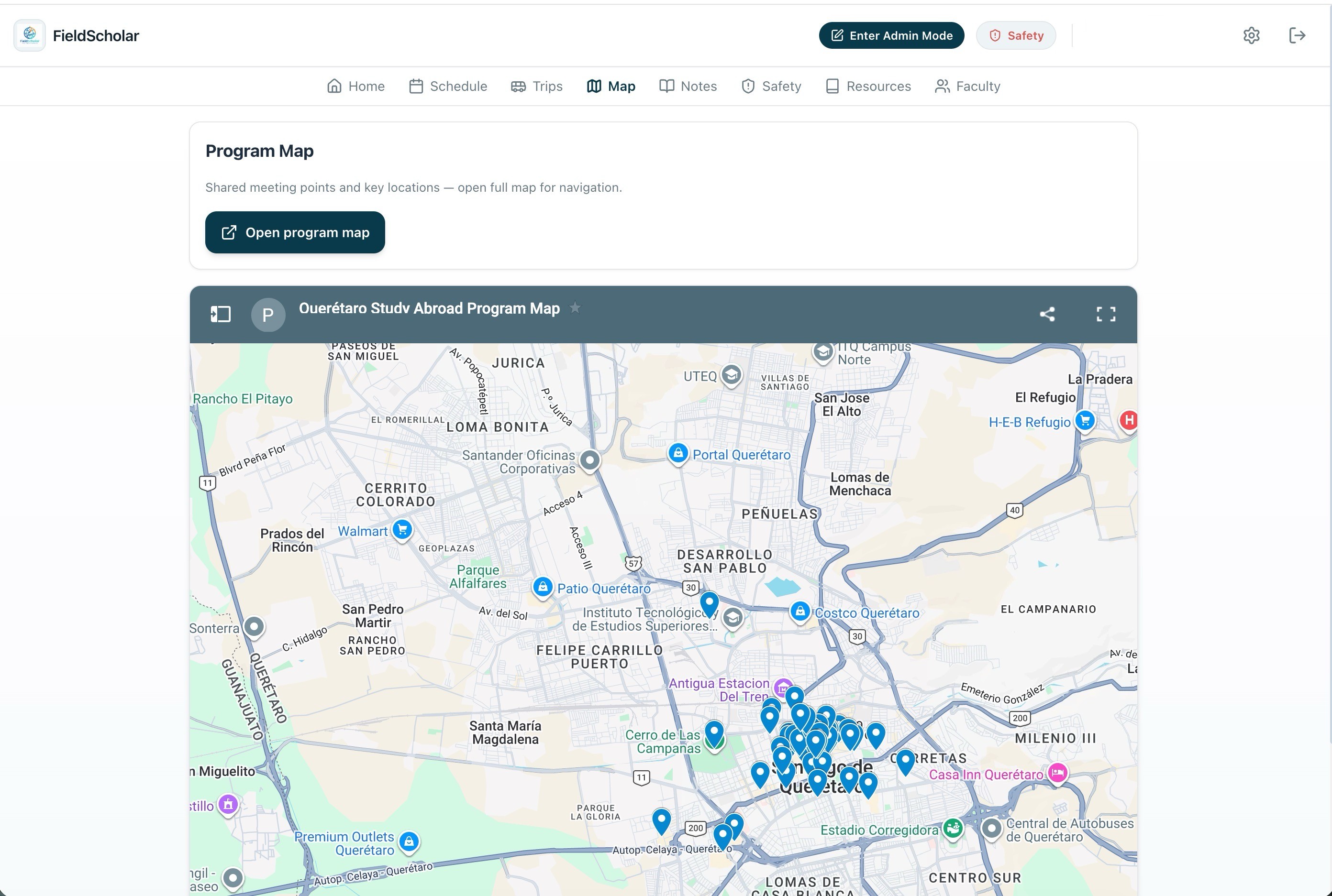 Program Map with shared meeting points and key locations in Querétaro