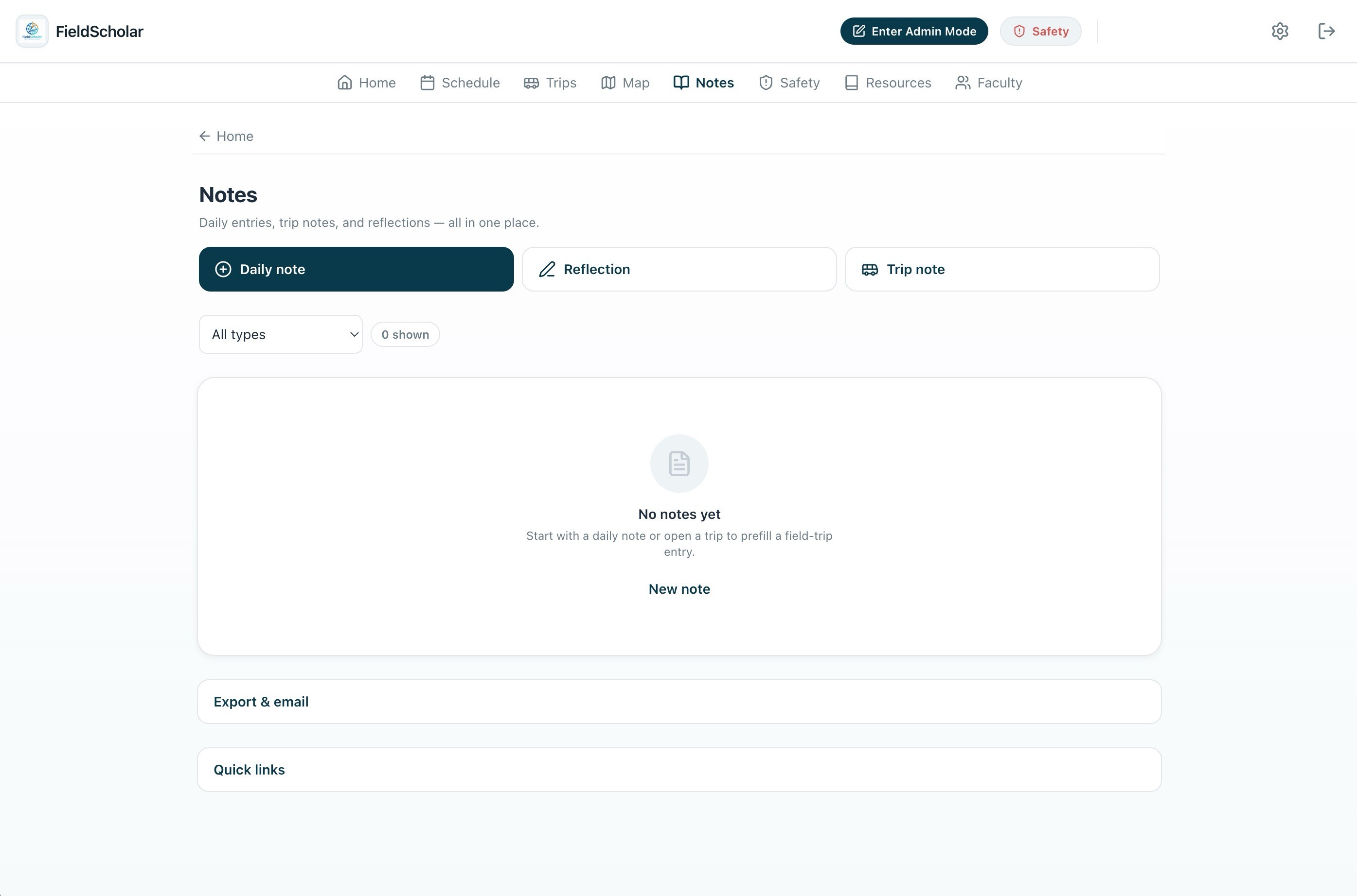 Notes with Daily note, Reflection, and Trip note actions, type filter, and export