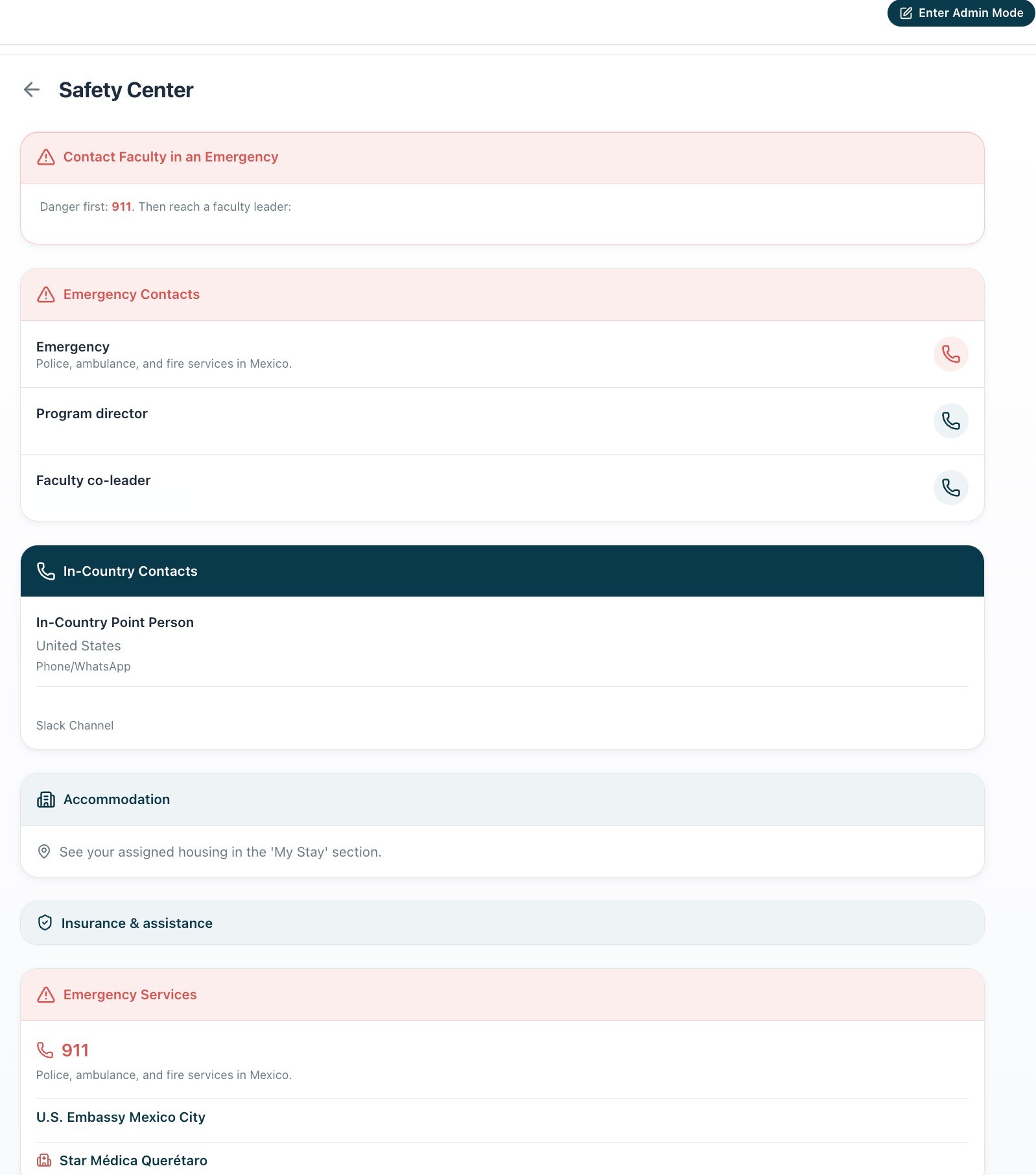 Safety Center with emergency contacts, faculty leaders, in-country contacts, accommodation, and insurance