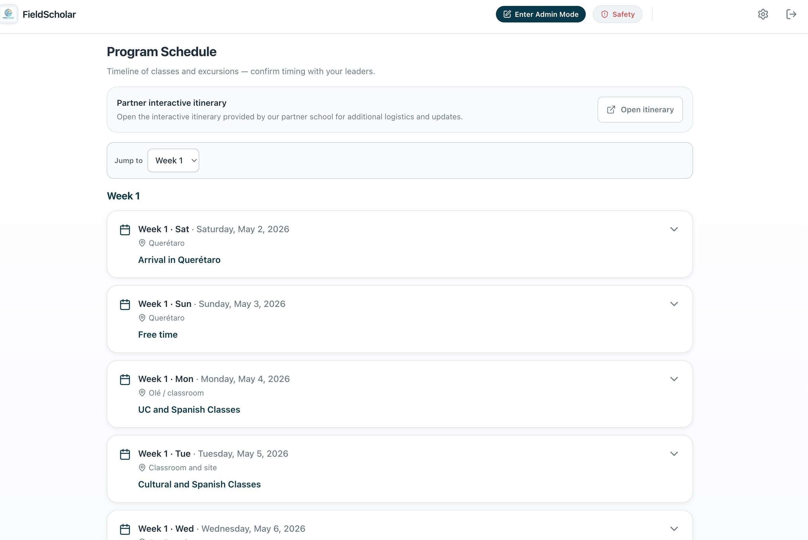 Program Schedule, Week 1 in Querétaro: arrival, free time, classes, and cultural sessions